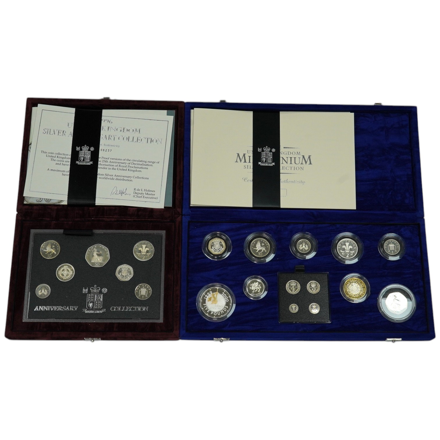 Royal Mint UK QEII coins, the Millennium Silver collection, 2000, in case of issue with certificate and Silver Anniversary collection 1996, in case of issue with certificate (2 cases)